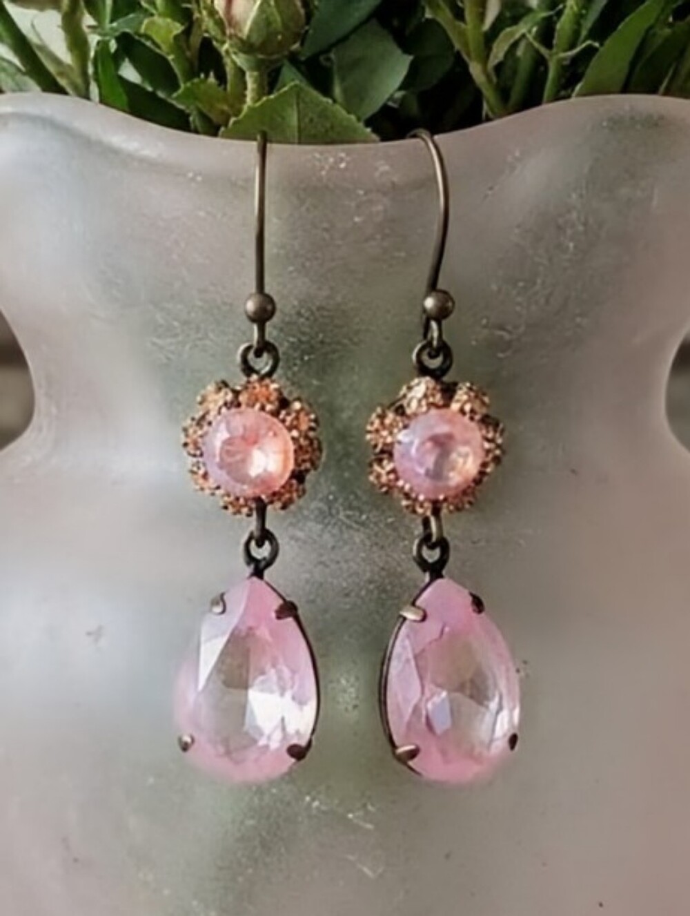Victorian Bubblegum Pink Swarovski Elements Flower Crystals In Brass Earrings